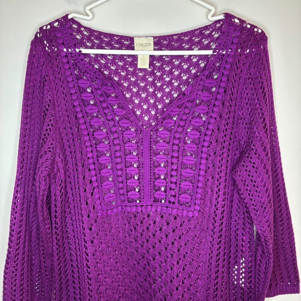 CHICO'S Open Knit 3/4 Sleeve Tunic Womens S Purple Crochet
